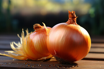 Fresh onions on a wooden table in a rustic kitchen. Selective focus.