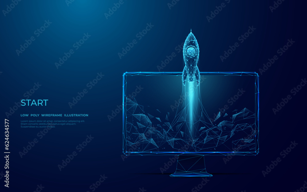 Aufkleber Digital Rocket Launching From The Computer Monitor Screen. Abstract Spaceship Consist Of Polygons, Connected Glowing Dots, and Geometric Shapes. Low Poly Wireframe Illustration on Blue Background.