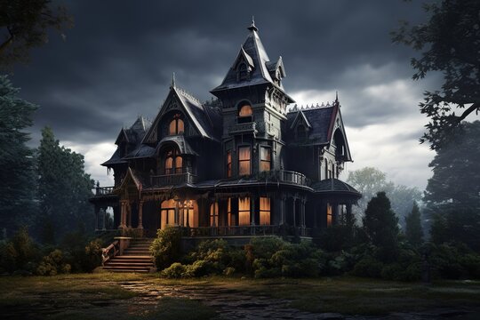 Spooky Victorian house designed for Halloween in the United States. Halloween Background. Generative AI