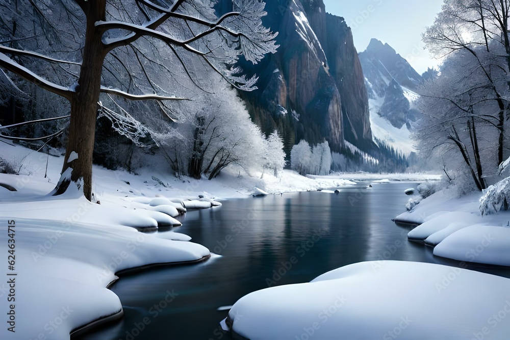 Wall mural river in the mountains in snowy evening