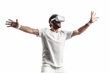 Young man wearing virtual reality goggles, standing on white studio background.