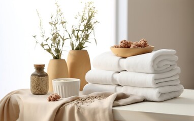 A spa table topped with towels and other items. AI