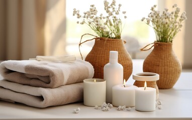 A spa table topped with towels and other items. AI