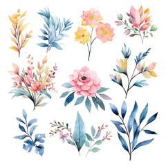 a set of watercolor flowers and leaves