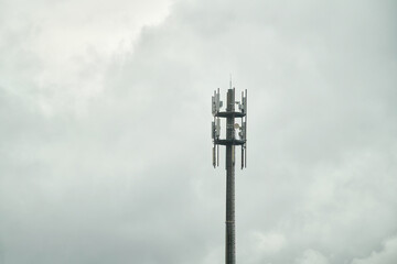 5g tower mast. Telecommunication tower of 4G and 5G cellular. Macro Base Station. 5G radio network telecommunication equipment with radio modules