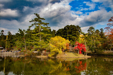 Obraz premium autumn landscape with lake, Garden of Eastern Great Buddhist Temple called Tōdai-ji or Todaiji temple in Nara Japan on a sunny autumn day