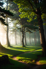 A landscape of enchanted forest tree and ethereal glow sunlight