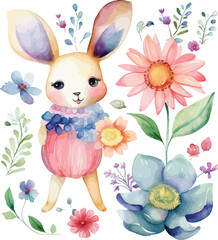 cute watercolor bunny with flowers watercolor