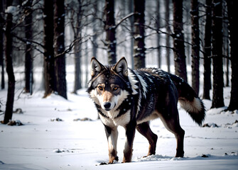 Close up realistic photo of a wolf in the winter snow forest, blurry background