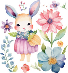 cute watercolor bunny with flowers watercolor