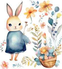 cute watercolor bunny with flowers watercolor