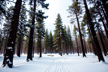 Realistic photo landscape of winter snow forest