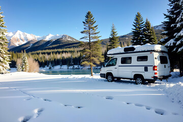 Realistic photo landscape of winter snow forest lake and camper