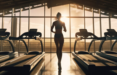 Fototapeta na wymiar Silhouette of a fitness girl running during sunset at indoor gym