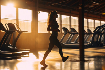 Silhouette of a fitness girl running during sunset at indoor gym