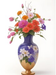 A blue vase of flowers on a white background. Illustration generated ai