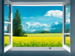 The view from the open window of the house to nature. Illustration generated ai