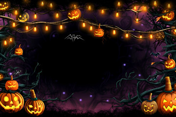Fabulous magical Halloween background with pumpkins and lanterns