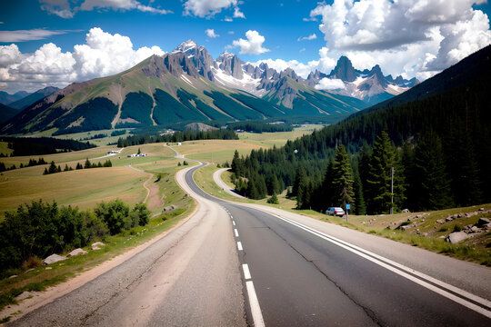 Realistic photo beautiful landscape of mountains blue sky and windy roads