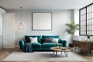 Square poster Frame Mockup hanging on the wall in modern living room above commode