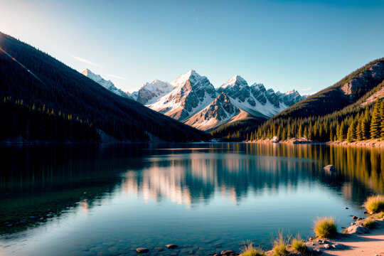 Realistic photo majestic landscape of mountain lake with perfect reflection