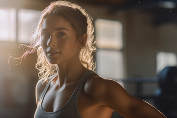 Portrait of beautiful woman working out at gym, running on treadmill and doing fitness exercises. healthy concept - obrazy, fototapety, plakaty