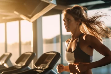 Fototapete Fitness Portrait of beautiful woman working out at gym, running on treadmill and doing fitness exercises. healthy concept