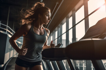 Portrait of beautiful woman working out at gym, running on treadmill and doing fitness exercises....