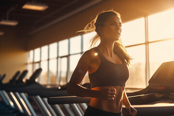 Portrait of beautiful woman working out at gym, running on treadmill and doing fitness exercises. healthy concept - obrazy, fototapety, plakaty