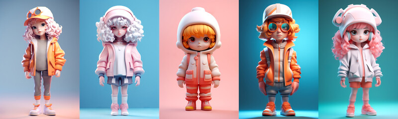 Collection of trendy soft pop style cartoon characters. Kawaii teen girls