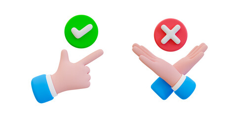 3d minimal  approved, accepted, success. rejected, refused, denied. cartoon hand with green checkmark and cross mark. 3d illustration. - obrazy, fototapety, plakaty