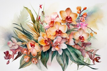 Isolated watercolor tropical floral bouquet with orchids. Perfect for Boho wedding invitations and save the date cards. Generative AI