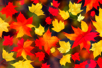Naklejka na ściany i meble A pattern of colorful fallen maple leaves. Abstract illustration. Generative AI
