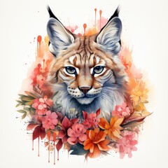 
Watercolor portrait of a beautiful lynx with flowers and splashes. Generative AI.
