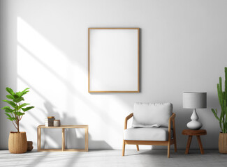 Frame mockup in interior with shadows, 3D illustration with boho style apartment design, white furniture for pattern, print.