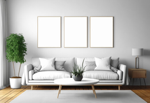 Mockup of a set of frames in the interior, 3D illustration with a design of apartments in boho style, white furniture for pattern.