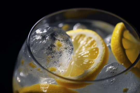 Natural lemonade with ice in the glass macro, closeup, Generative AI