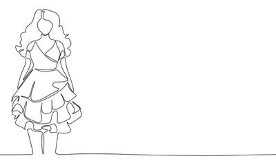 One continuous line drawing of young woman in beautiful dress. Fashion concept banner. Single line draw design vector illustration 