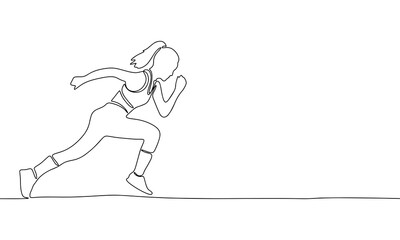 One continuous line drawing of young woman athlete runner run from side view. Individual sport, competitive concept. Single line draw design vector illustration 