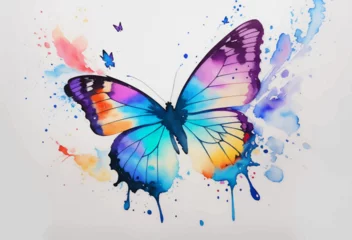 Foto auf Acrylglas Schmetterlinge im Grunge Watercolor Animal Illustration with Beautiful Colorful Butterfly on White Background. Aquarel Painted Style Zoo Wallpaper Design for Banner, Poster, Invitation or Cover.