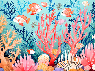 Naklejka premium Underwater background with corals and tropical fish. Vector illustration.AI Generated