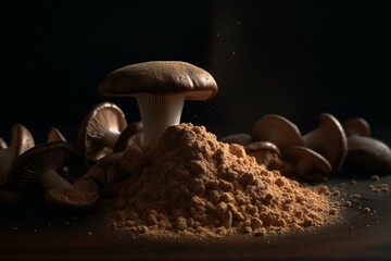 Organic mushroom powder packed with nutrients on a dark backdrop. Generative AI