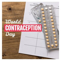World contraception day text over contraceptive pills and calendar on wooden table