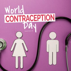 World contraception day text with date over male and female icons and stethoscope on purple