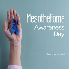 Mesothelioma awareness day text in white with caucasian female hand holding blue ribbon on grey