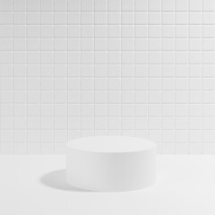 White abstract stage mockup with one cylinder podium in hard light, shadow, template for presentation cosmetic products, spa, goods, advertising, display, tiny mosaic tile in exquisite beauty style.