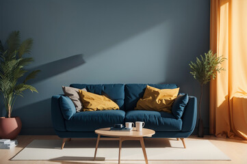 3d rendering interior of living room with blue sofa, coffee table and plant. 