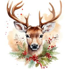 Watercolor deer on a transparent background, christmas illustration. Generative AI  © juliiapanukoffa