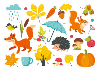 Set of autumn elements in flat style. Fall icons with fox, squirrel, hedgehog, autumn leaves, rosehip, berries, umbrella, cup, tree, acorn, nut, pumpkin, rain, bird, mushroom. Vector illustration.