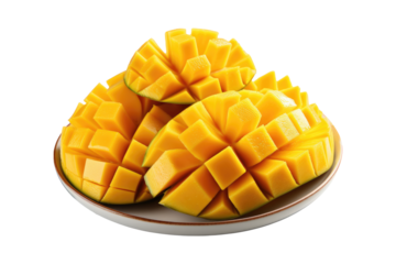Sliced of ripe mango on plate isolated on transparent background. Generative Ai